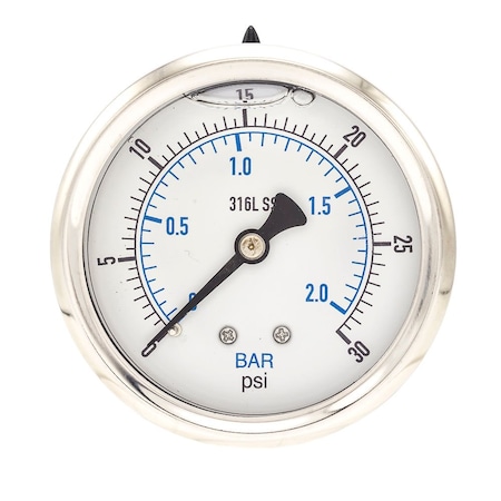 Pro 2 1/2 in Dial, 0/30 PSI & Bar, 1/4 in NPT, Back Mount Glycerin Filled Pressure Gauge PRO-302L-254C-01